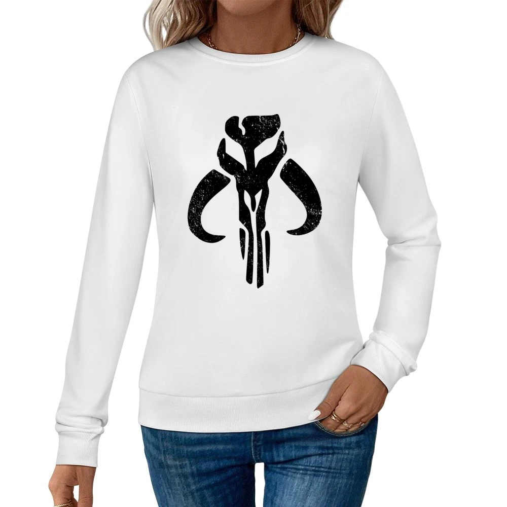 Mandalorian Mythosaur Skull Black Symbol Star Wars Distressed Tv Show Women Pullover Sweatshirt