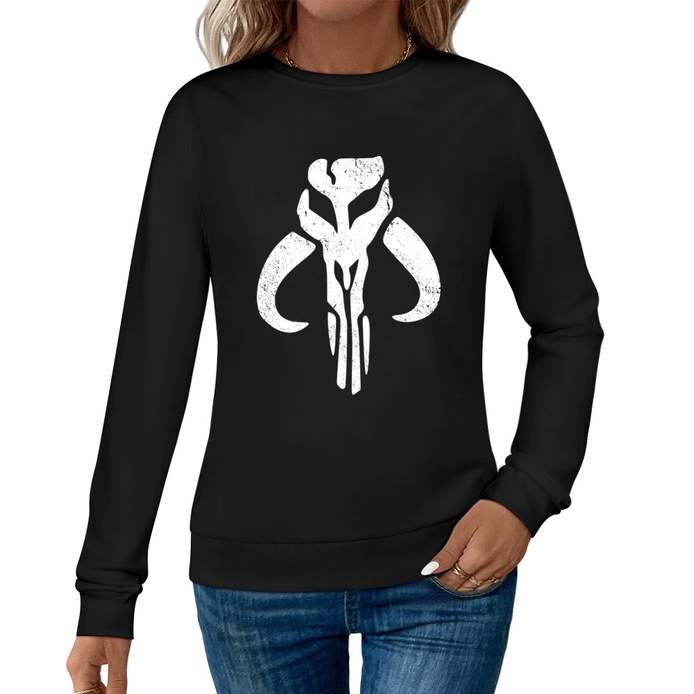 Mandalorian Mythosaur Skull White Symbol Star Wars Tv Show Distressed Women Pullover Sweatshirt