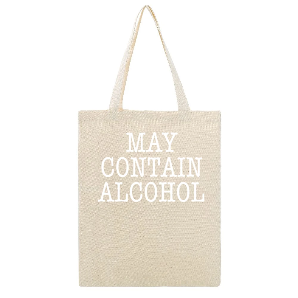 May Contain Alcohol Funny Drinking Party Warning Graphic Beige Canvas Tote Shopping Bag