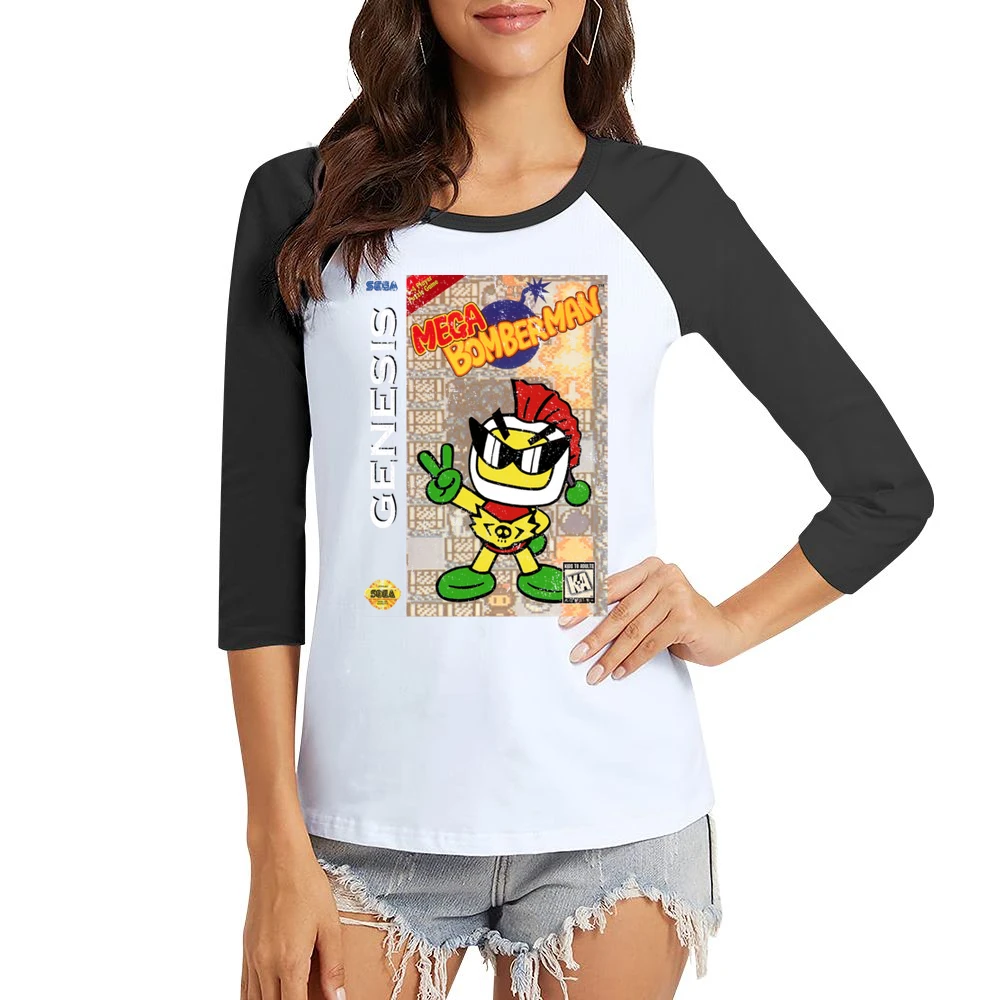 Mega Bomberman Sega Genesis Old School Retro Video Game Fan Distressed Women Ladies 3-4 Sleeve T-Shirt