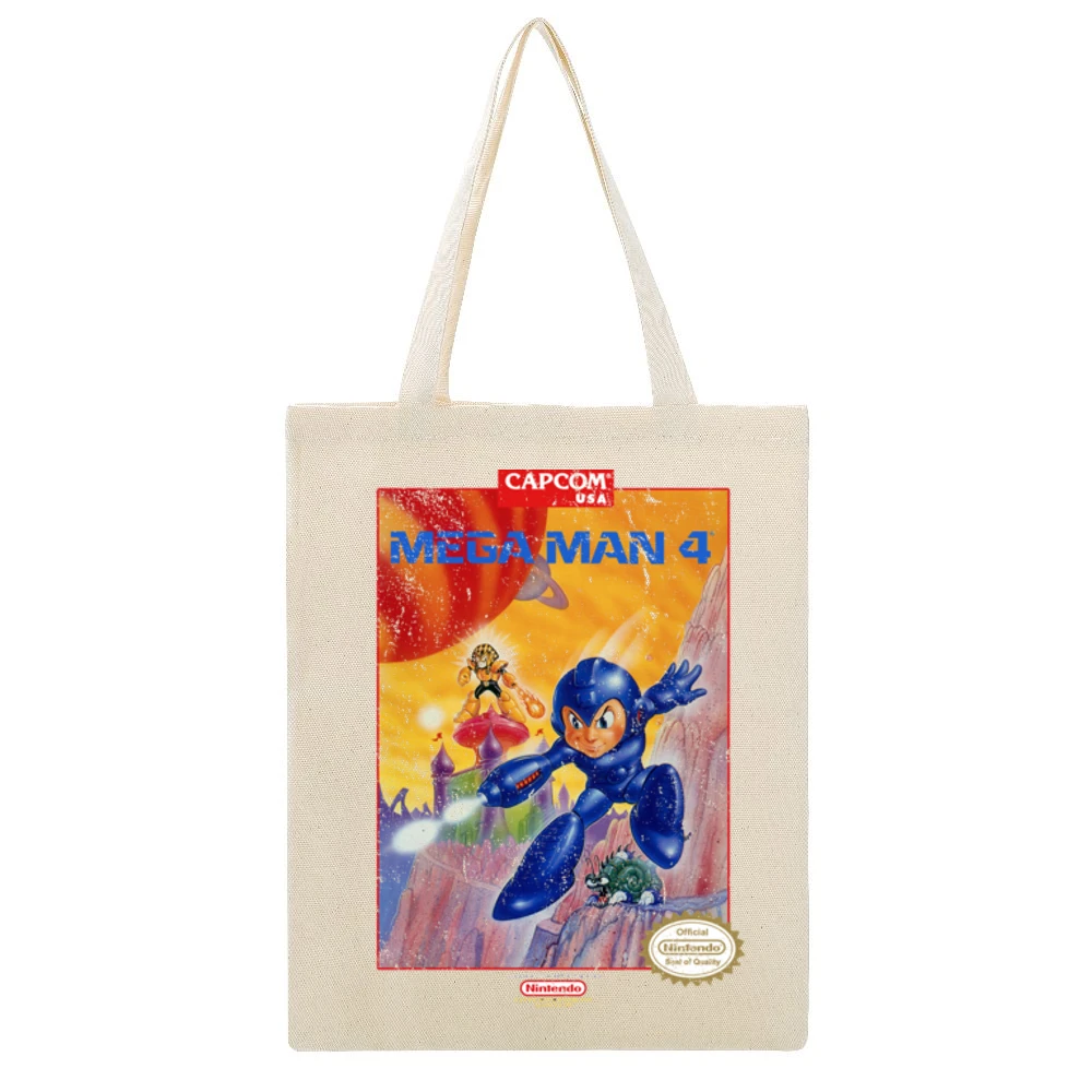 Mega Man 4 Nes Nintendo Old School Retro Video Game Fan Distressed T S Beige Canvas Tote Shopping Bag
