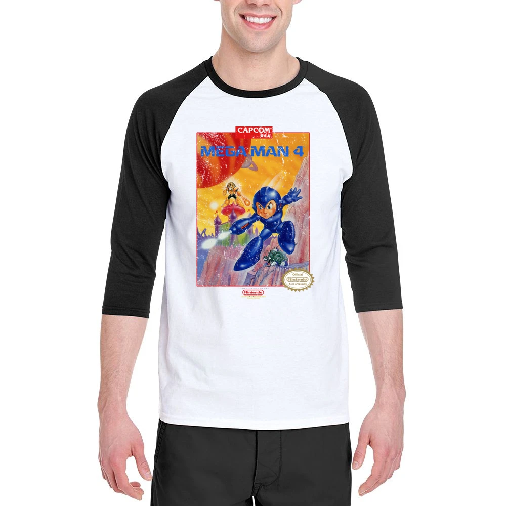 Mega Man 4 Nes Nintendo Old School Retro Video Game Fan Distressed T S Men 3/4 Sleeve T-Shirt