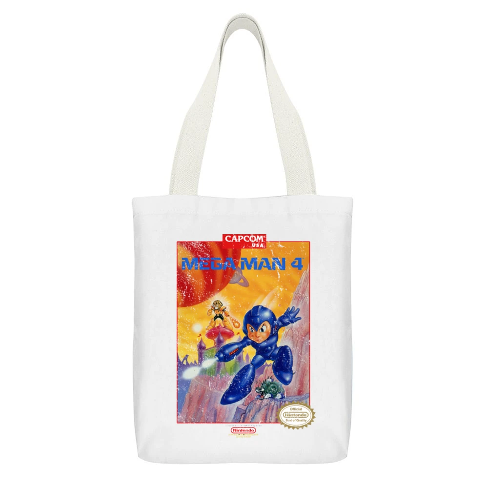 Mega Man 4 Nes Nintendo Old School Retro Video Game Fan Distressed T S White Canvas Tote Shopping Bag With Interior Pocket
