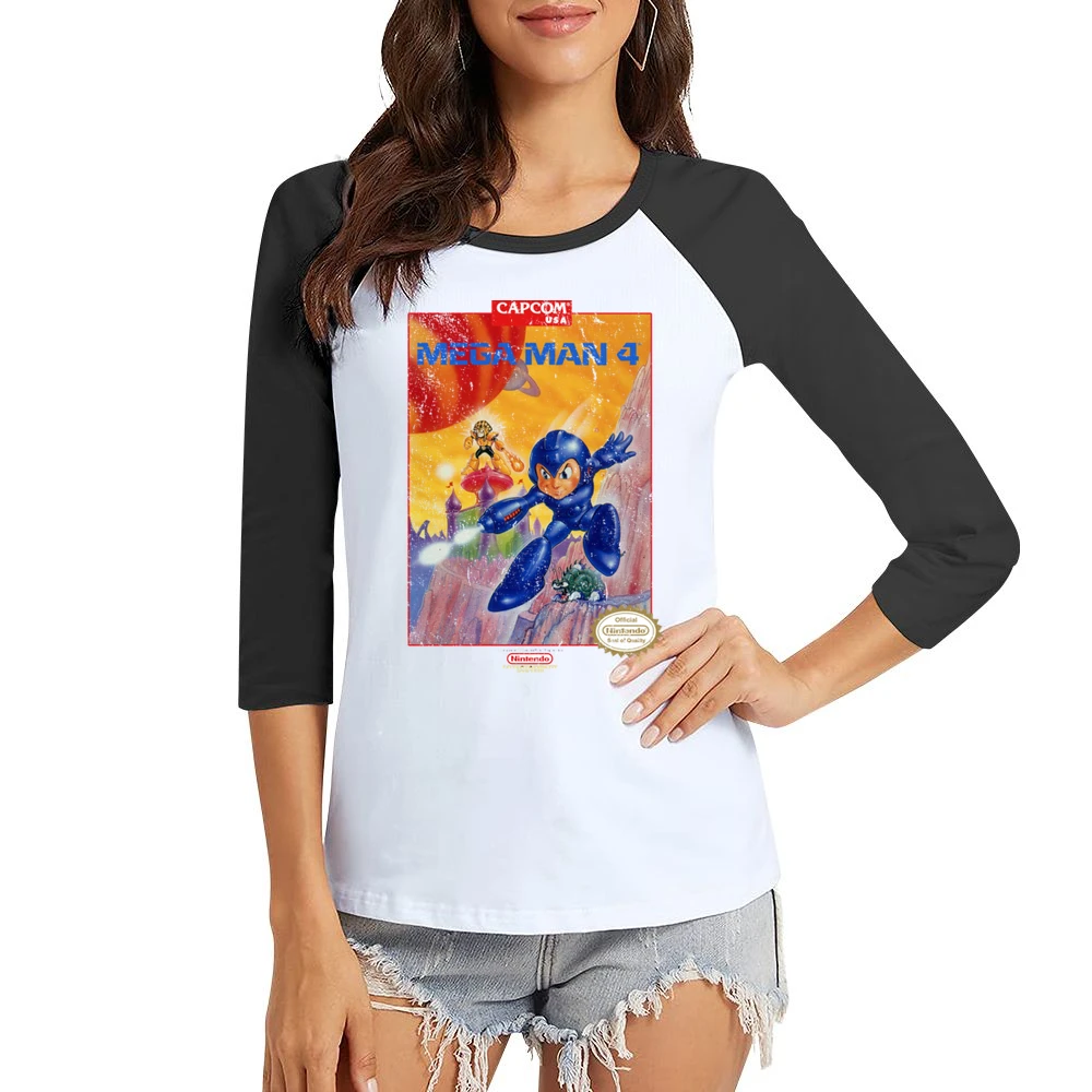 Mega Man 4 Nes Nintendo Old School Retro Video Game Fan Distressed T S Women Ladies 3-4 Sleeve T-Shirt