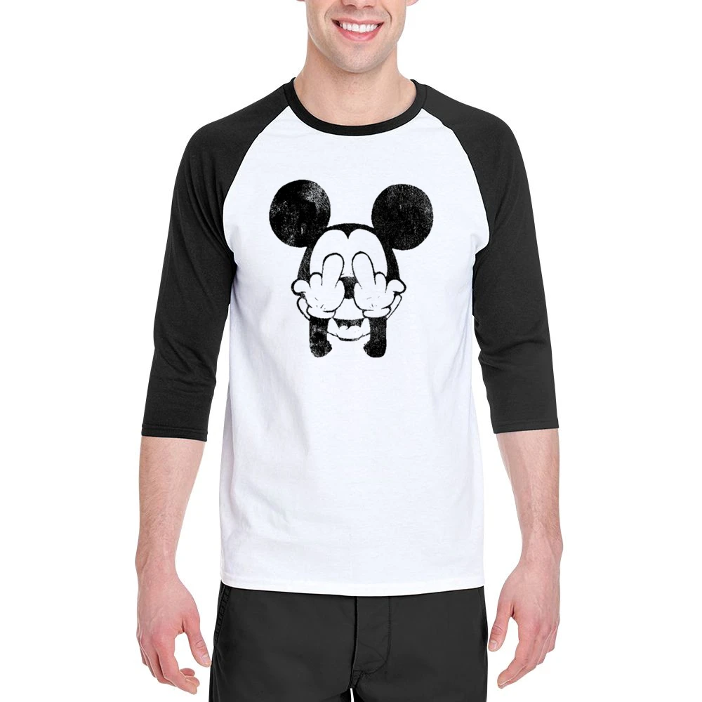 Mickey Mouse Middle Fingers Fun Graphic Tee Shirt Men 3/4 Sleeve T-Shirt