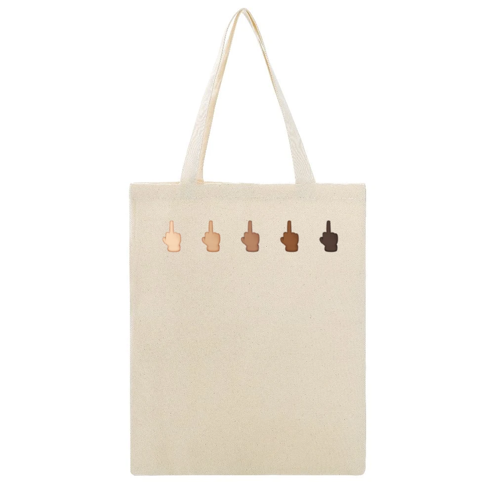 Middle Finger Emoji Fun Cell Phone Multi Race Graphic Tee Shirt Beige Canvas Tote Shopping Bag