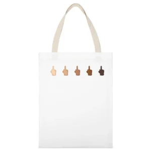 Middle Finger Emoji Fun Cell Phone Multi Race Graphic Tee Shirt White Canvas Tote Shopping Bag