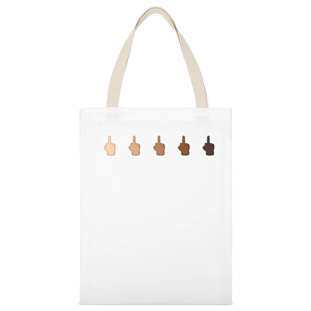 Middle Finger Emoji Fun Cell Phone Multi Race Graphic Tee Shirt White Canvas Tote Shopping Bag