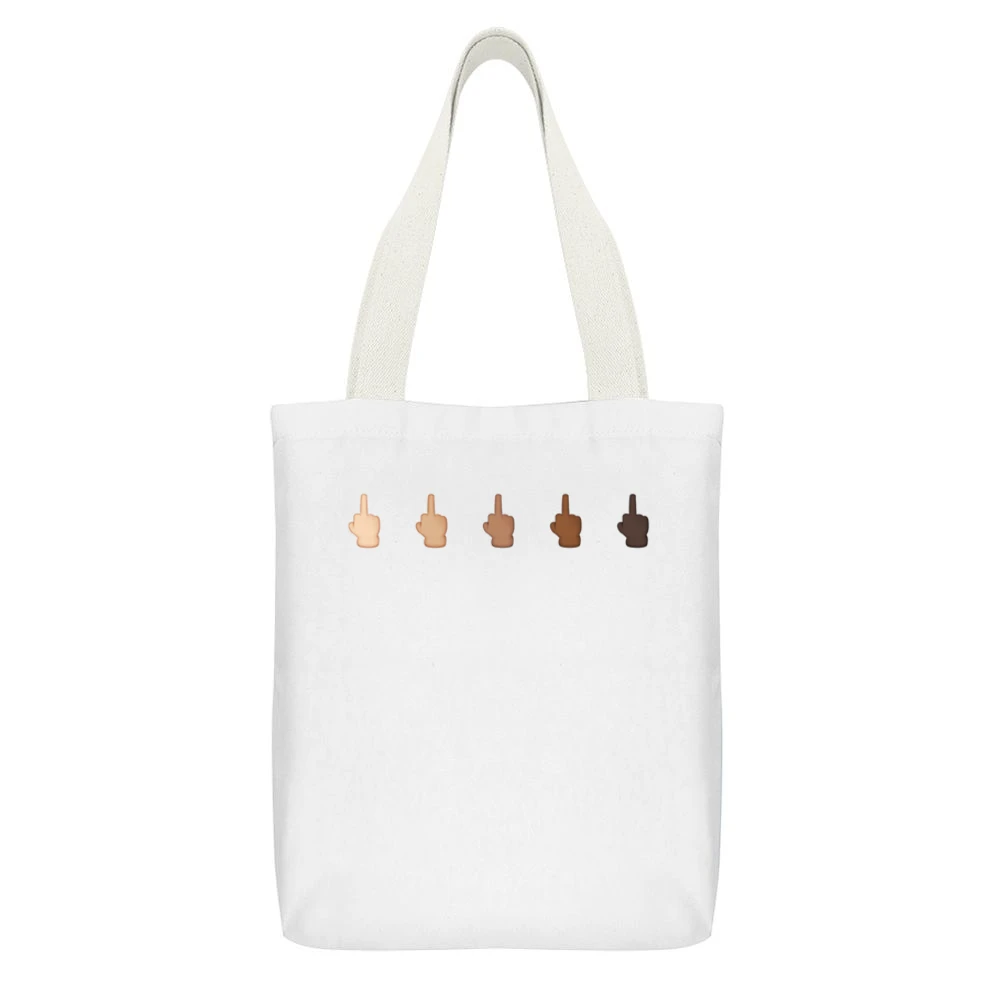 Middle Finger Emoji Fun Cell Phone Multi Race Graphic Tee Shirt White Canvas Tote Shopping Bag With Interior Pocket