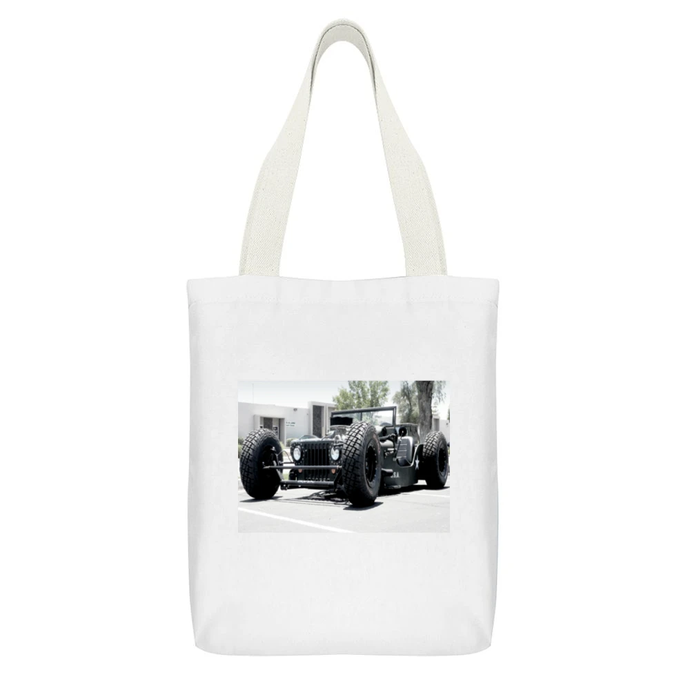 Military Rat Rod Jeep Tshirt White Canvas Tote Shopping Bag With Interior Pocket