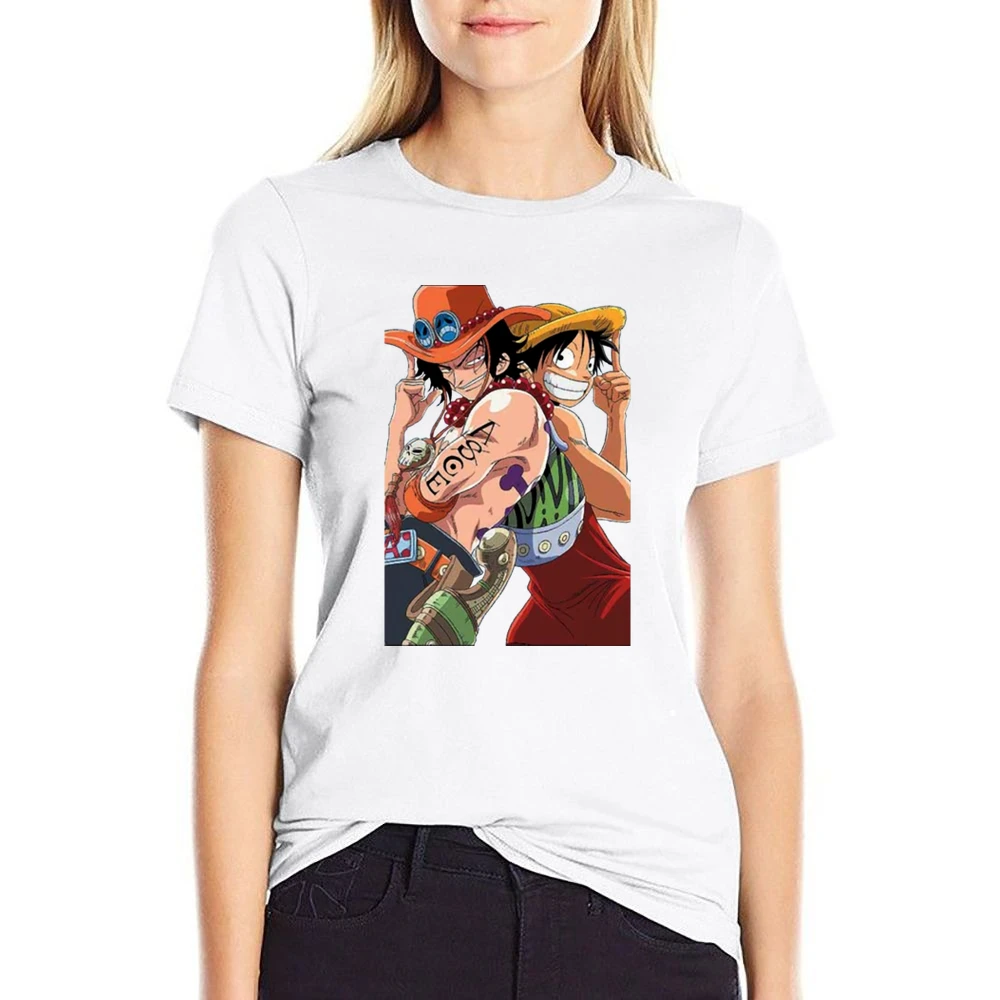Monkey D Luffy and portgas D Ace one pice anime manga US Size Women Ladies T-shirt