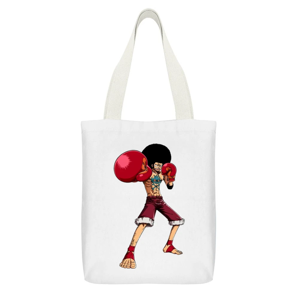 Monkey D Luffy wear Afro hair and Boxing Glove fight foxy pirates T Sh White Canvas Tote Shopping Bag With Interior Pocket