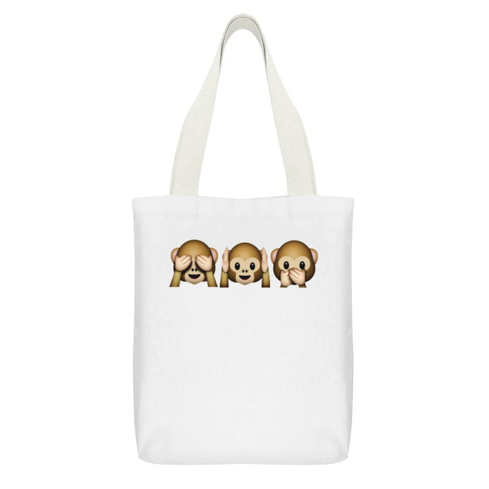 Monkey Shy Emojis See No Evil Hear No Evil Speak No Evil Fun Graphic T White Canvas Tote Shopping Bag With Interior Pocket