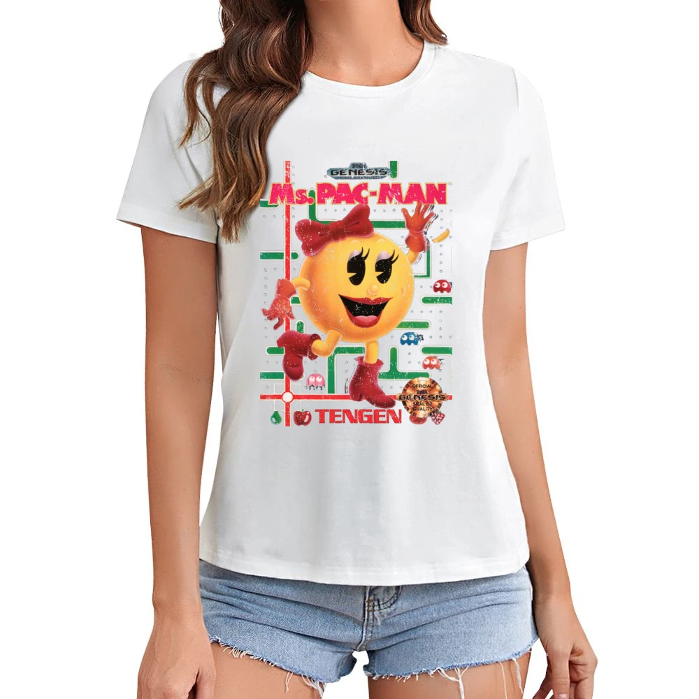 Ms Pacman Sega Genesis Old School Retro Video Game Fan Distressed Blac Asian Size Women Ladies T-shirt