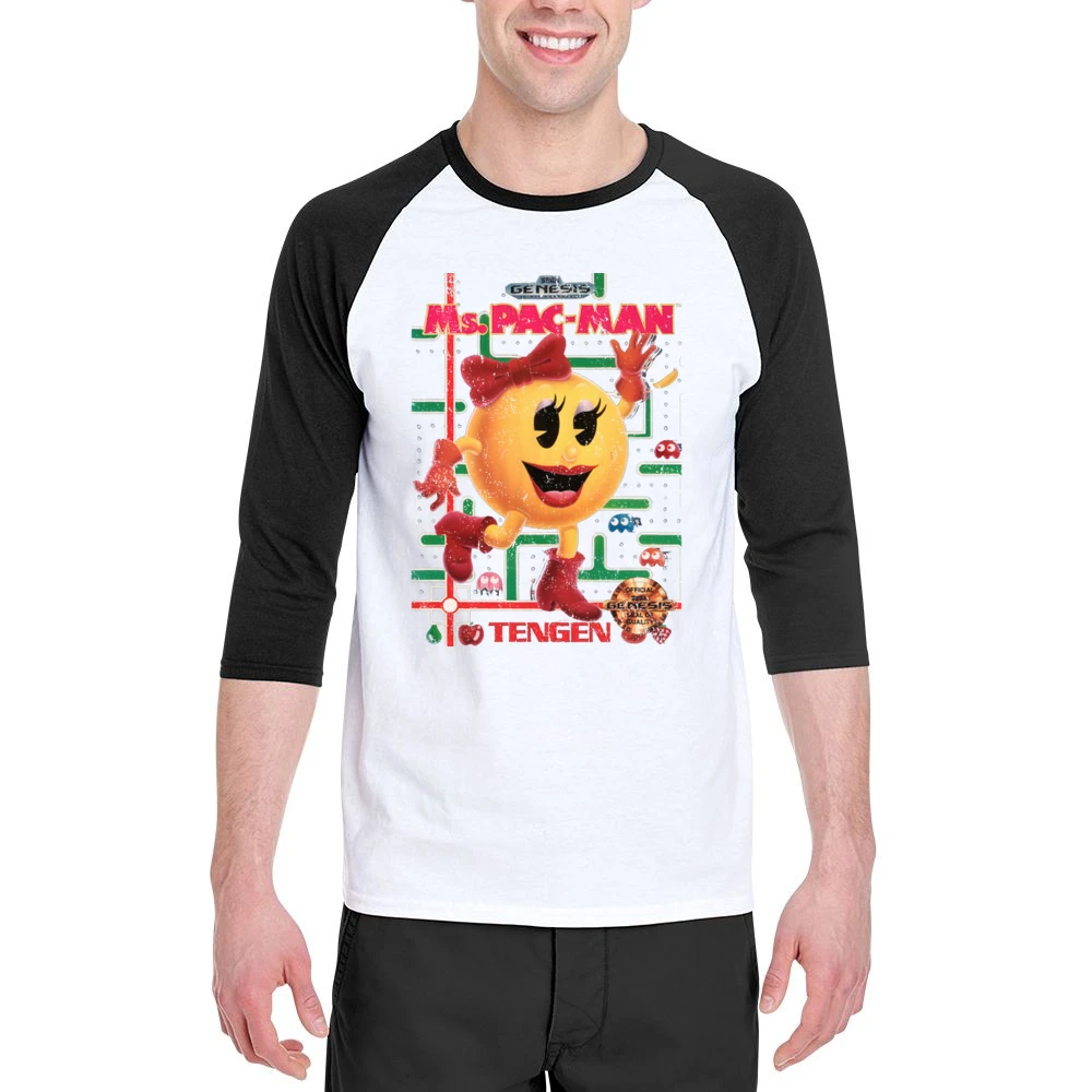 Ms Pacman Sega Genesis Old School Retro Video Game Fan Distressed Blac Men 3/4 Sleeve T-Shirt