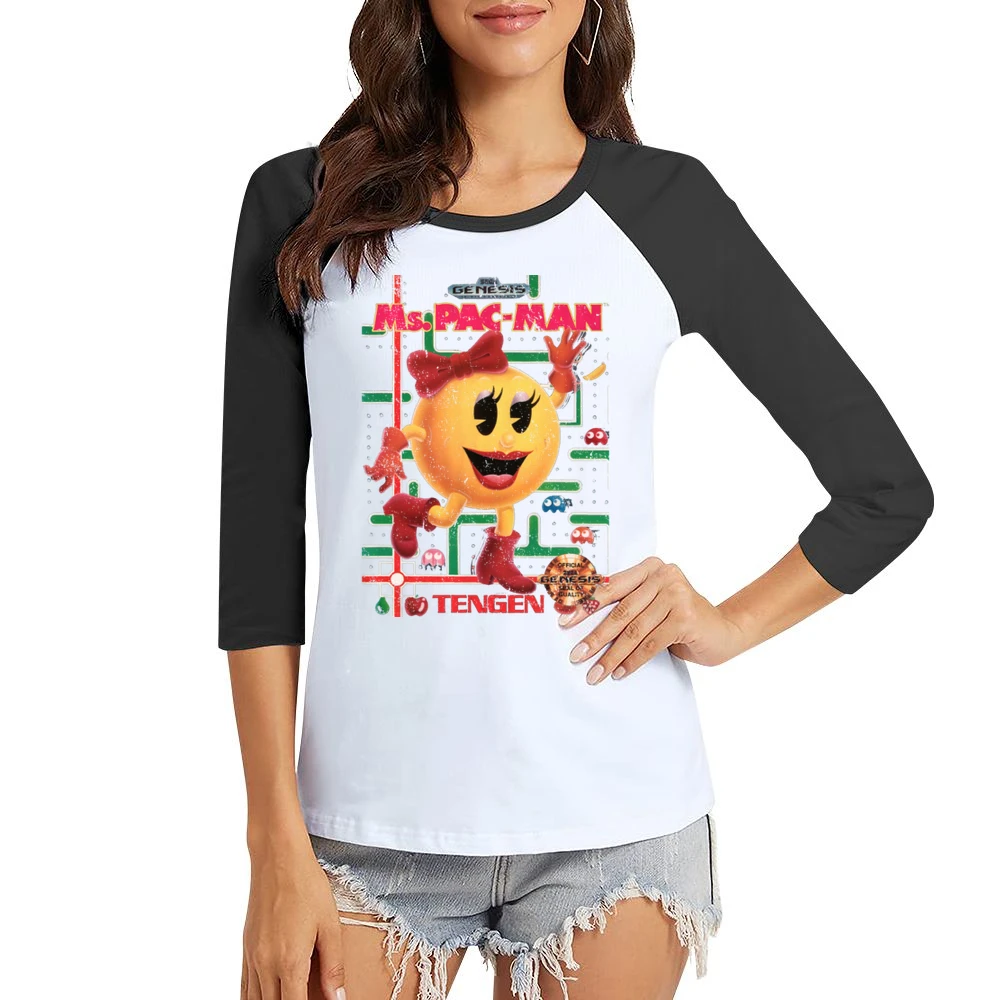 Ms Pacman Sega Genesis Old School Retro Video Game Fan Distressed Blac Women Ladies 3-4 Sleeve T-Shirt