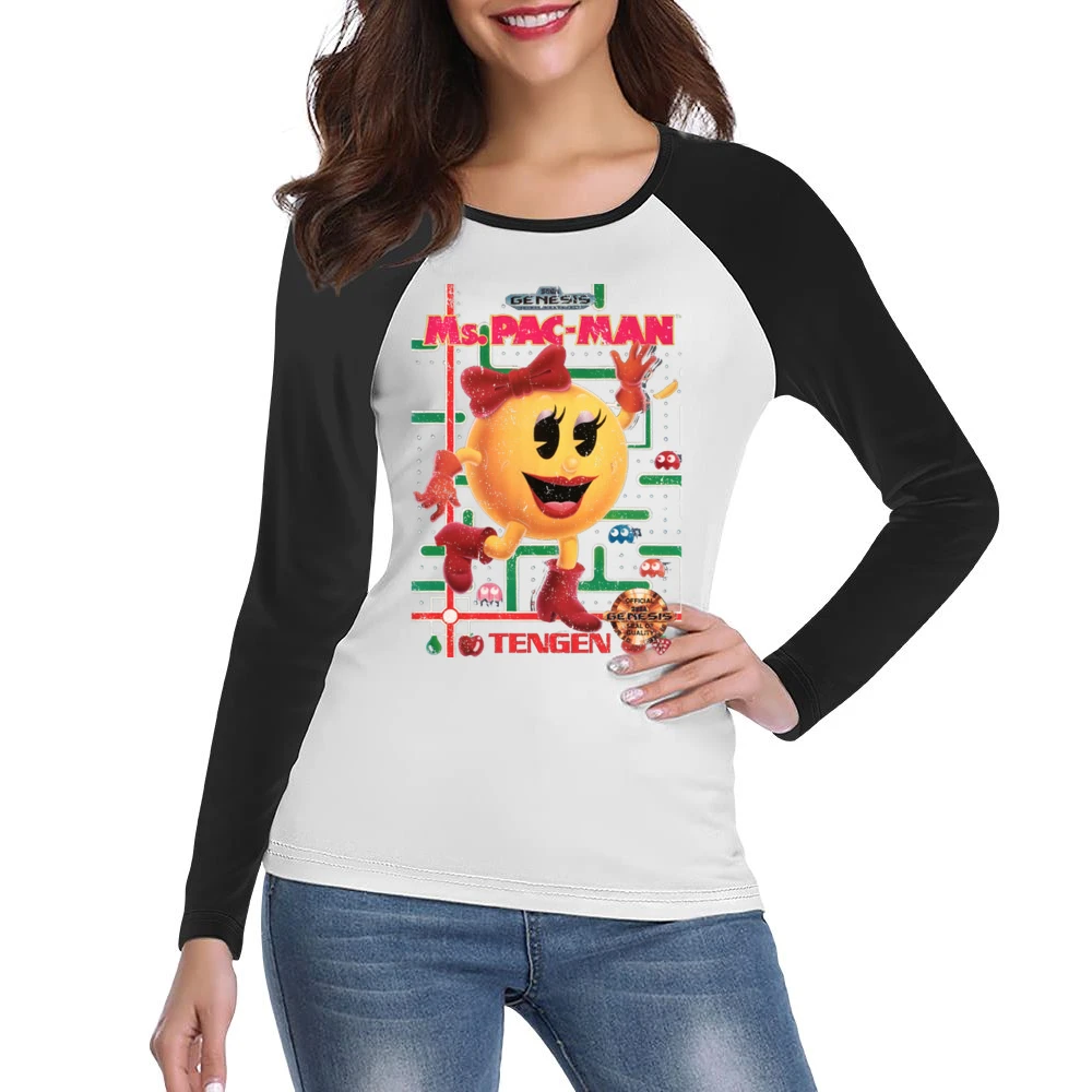 Ms Pacman Sega Genesis Old School Retro Video Game Fan Distressed Blac Women Ladies Long Sleeve T-Shirt