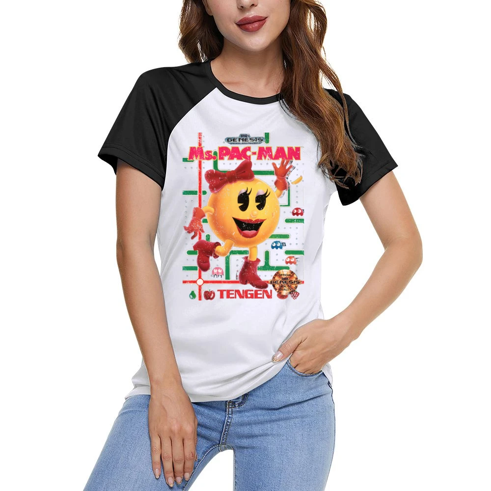 Ms Pacman Sega Genesis Old School Retro Video Game Fan Distressed Blac Women Ladies Short Sleeve T-Shirt