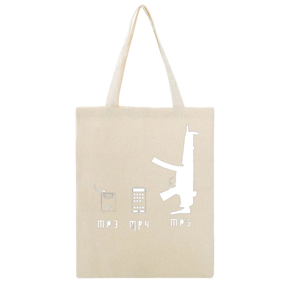 Music Player evolution mp3 mp4 and funny parody guns weapon mp5 T Shir Beige Canvas Tote Shopping Bag