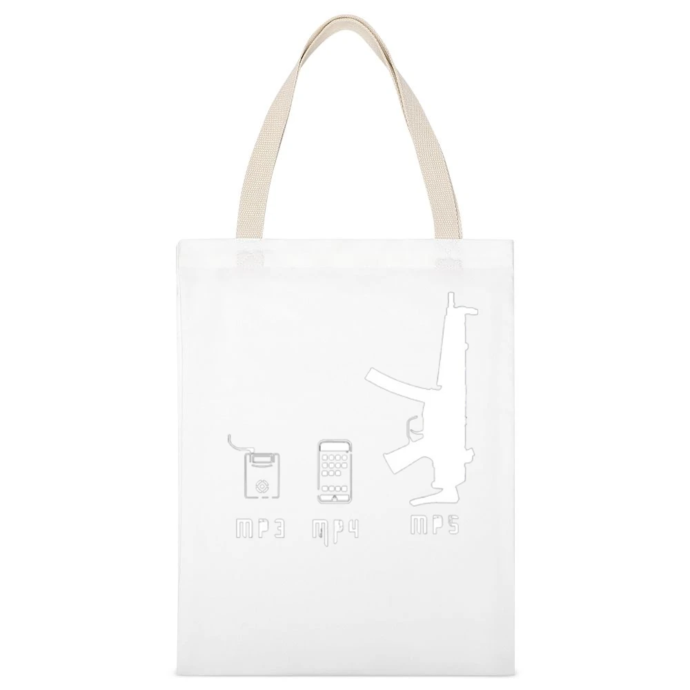 Music Player evolution mp3 mp4 and funny parody guns weapon mp5 T Shir White Canvas Tote Shopping Bag