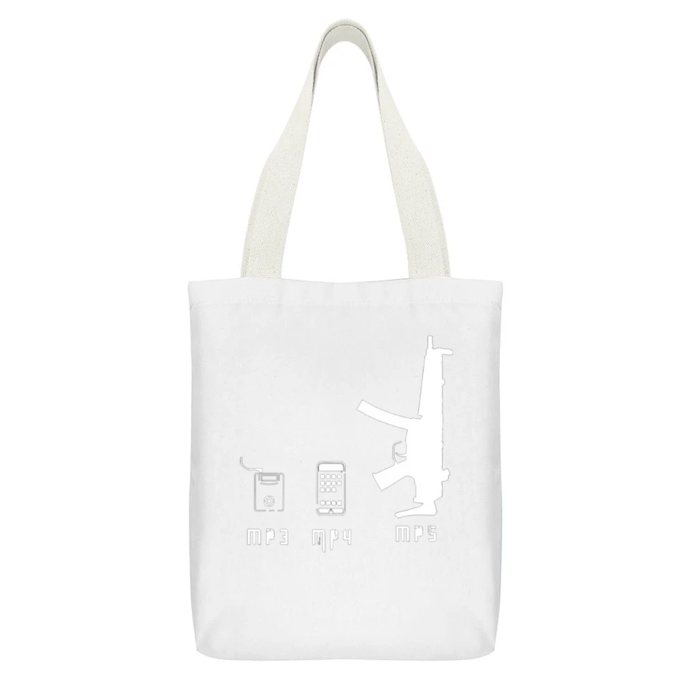 Music Player evolution mp3 mp4 and funny parody guns weapon mp5 T Shir White Canvas Tote Shopping Bag With Interior Pocket
