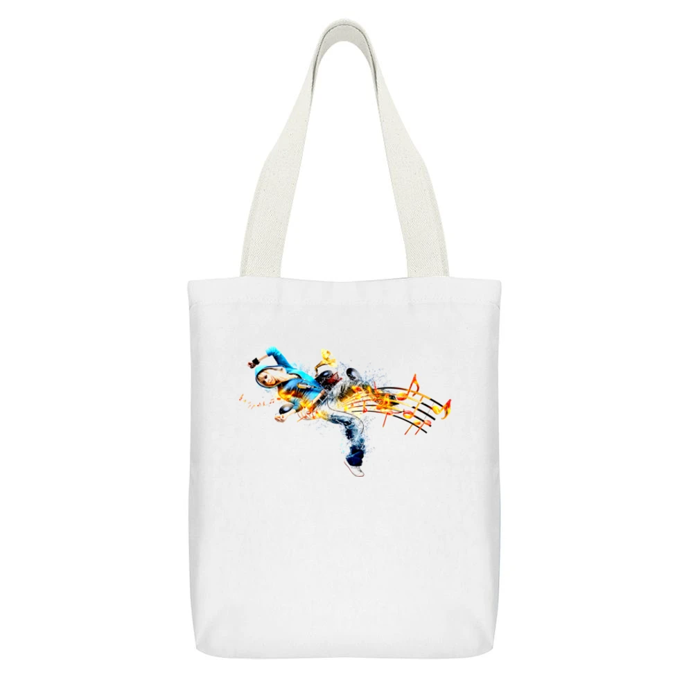 Musical Dancing Notes White Canvas Tote Shopping Bag With Interior Pocket