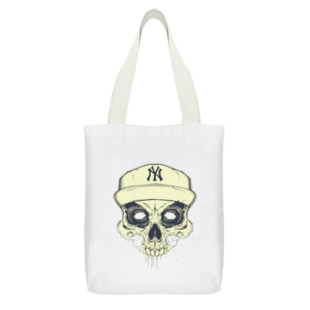 NY Skull White Canvas Tote Shopping Bag With Interior Pocket