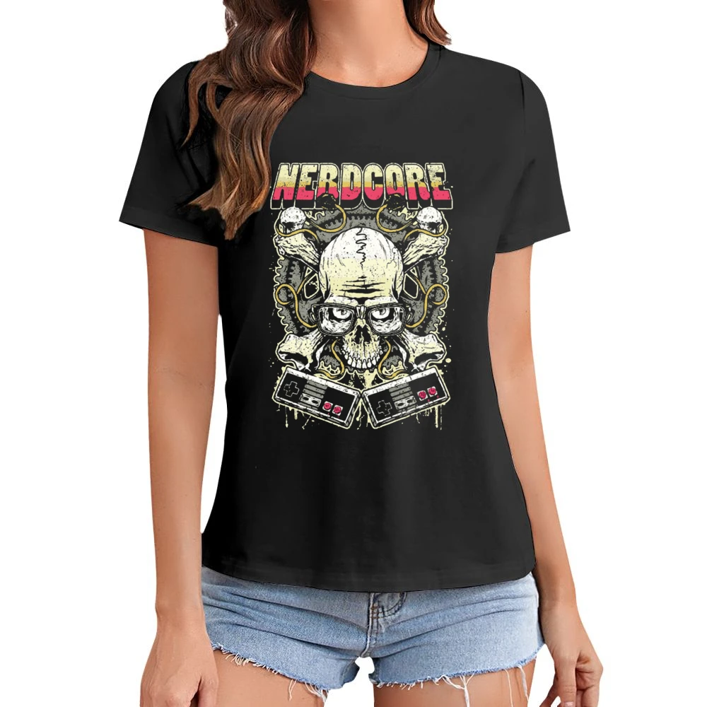 Nerd Core Nerdy Skull jolly roger Gamer addict Asian Size Women Ladies T-shirt