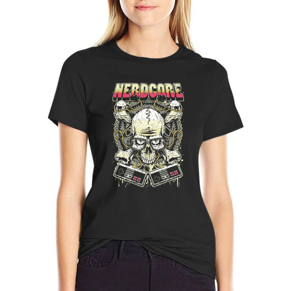 Nerd Core Nerdy Skull jolly roger Gamer addict US Size Women Ladies T-shirt