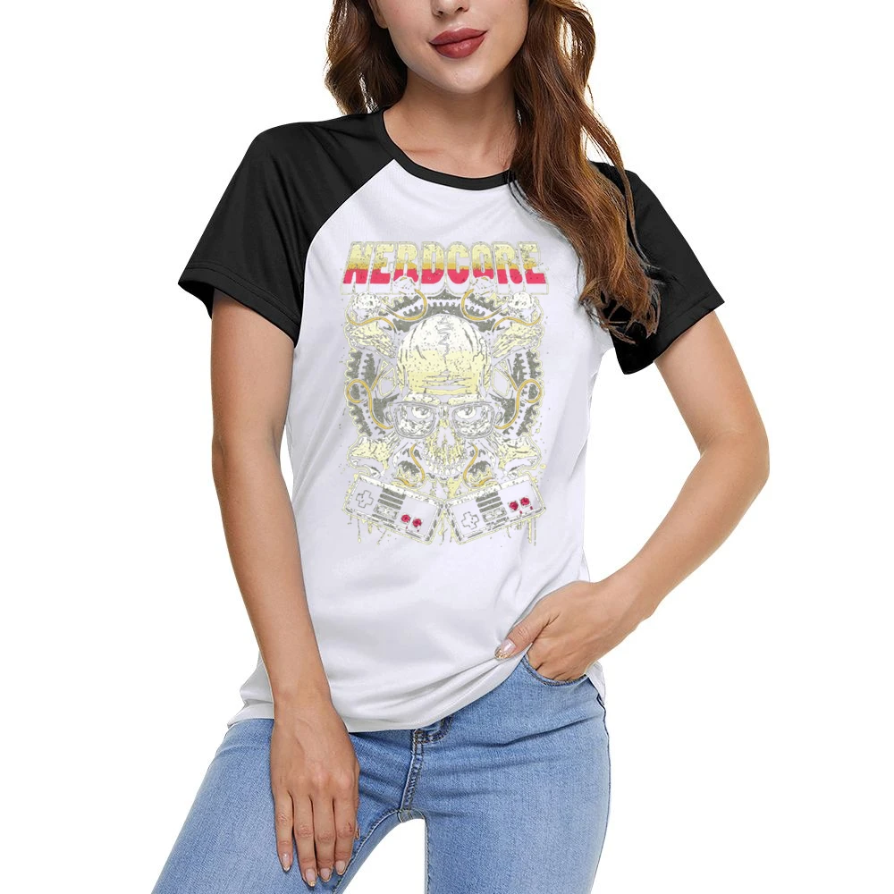 Nerd Core Nerdy Skull jolly roger Gamer addict Women Ladies Short Sleeve T-Shirt