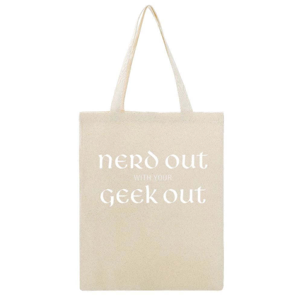 Nerd out with your geek out white text Beige Canvas Tote Shopping Bag