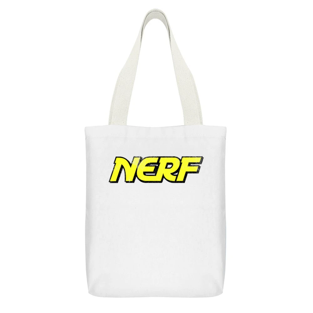 Nerf Vintage Style Distressed Cool Fun Graphic Logo Game Tee Shirt White Canvas Tote Shopping Bag With Interior Pocket