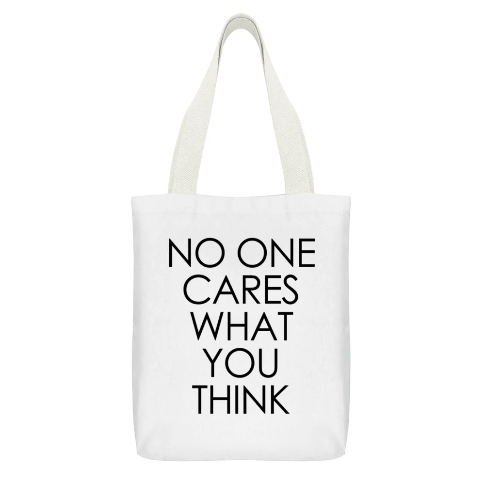 No One Cares What You Think Fun Grunge White Canvas Tote Shopping Bag With Interior Pocket
