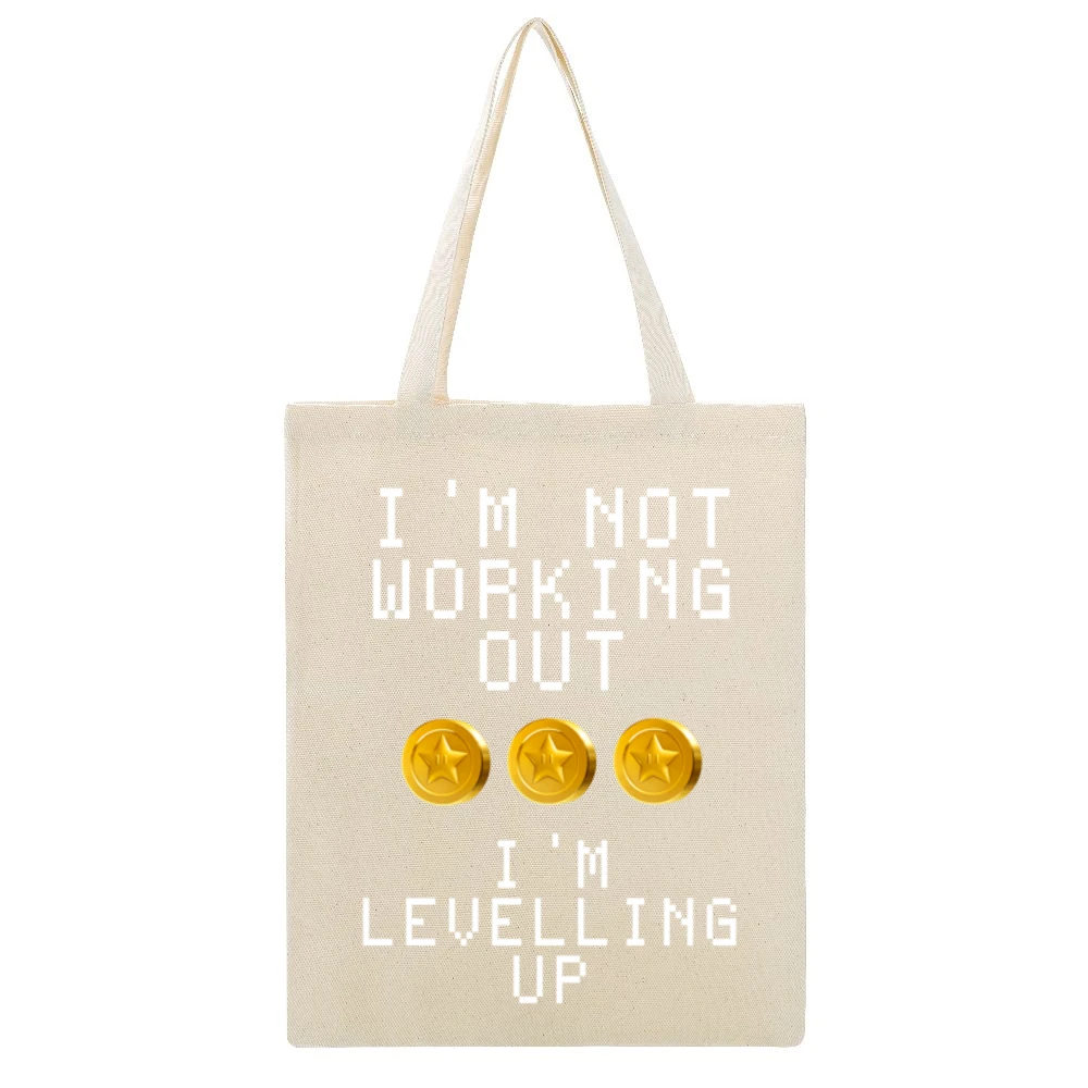 Not Working Out Im Levelling Up Star Coins Fun Tee Shirt Beige Canvas Tote Shopping Bag