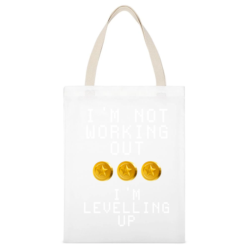 Not Working Out Im Levelling Up Star Coins Fun Tee Shirt White Canvas Tote Shopping Bag