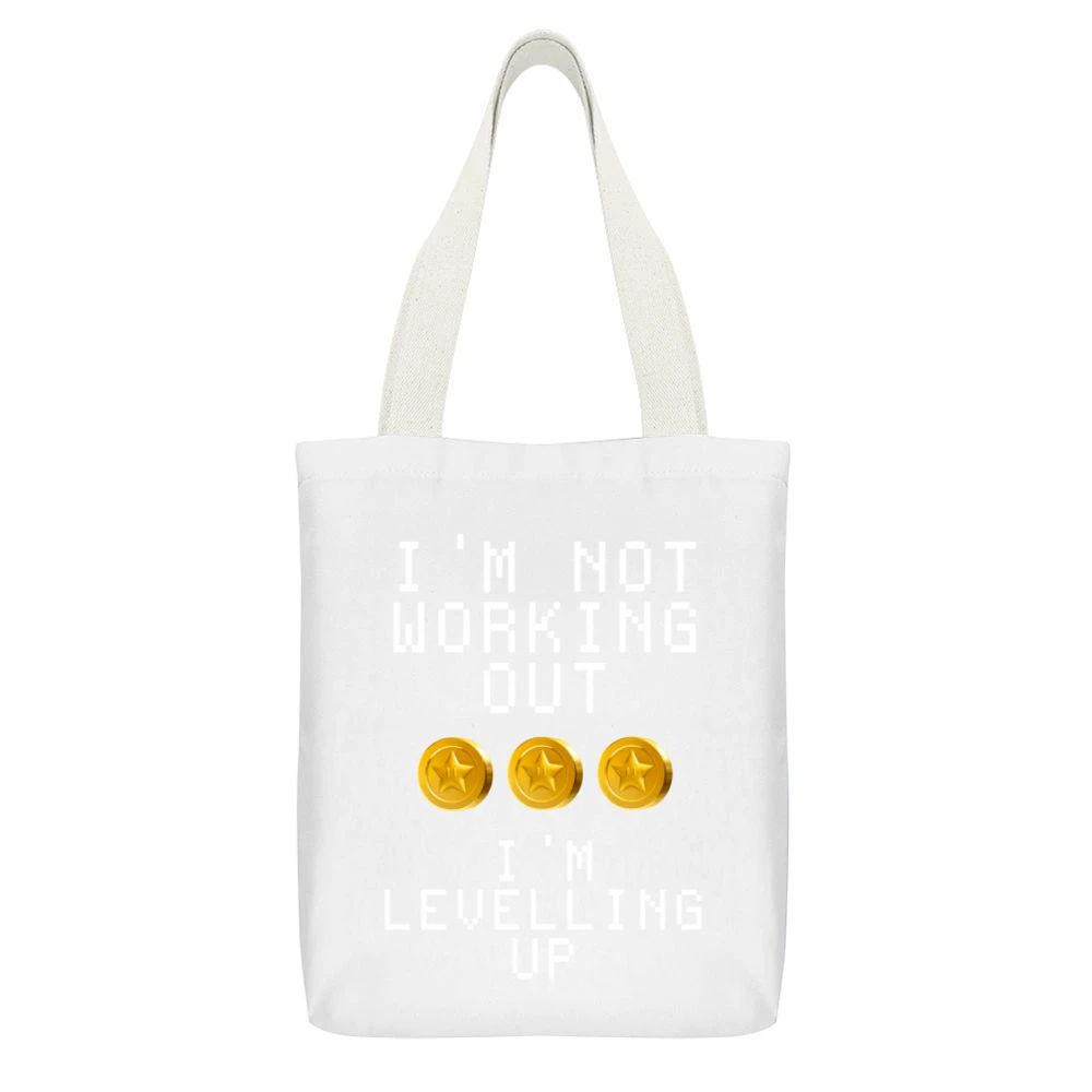 Not Working Out Im Levelling Up Star Coins Fun Tee Shirt White Canvas Tote Shopping Bag With Interior Pocket