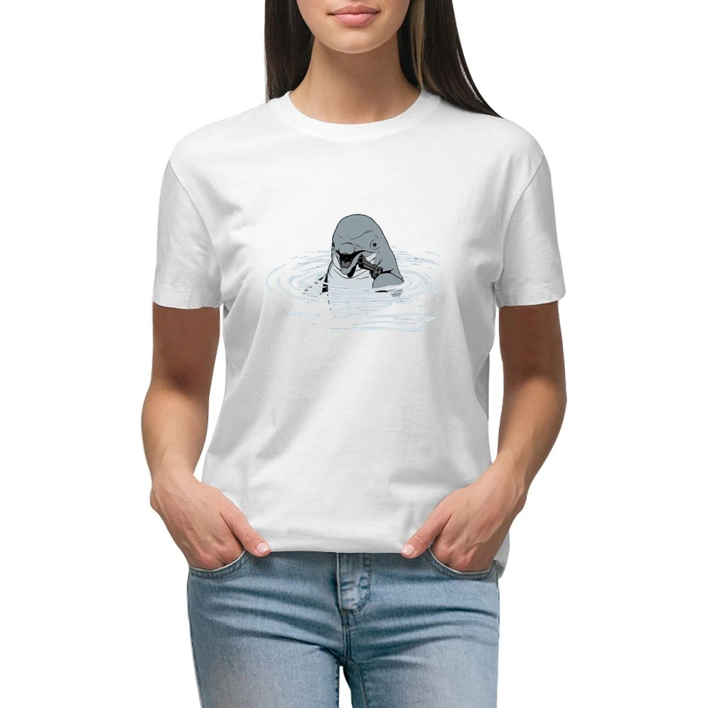 Ocean shark with pistol fun art Premium Women Ladies T-shirt