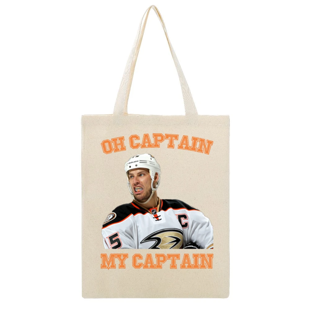 Oh Captain My Captain Ryan Getzlaf Anaheim Hockey Funny Fan Beige Canvas Tote Shopping Bag