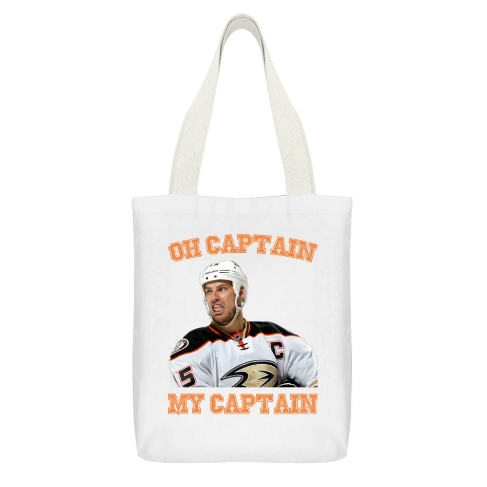 Oh Captain My Captain Ryan Getzlaf Anaheim Hockey Funny Fan White Canvas Tote Shopping Bag With Interior Pocket
