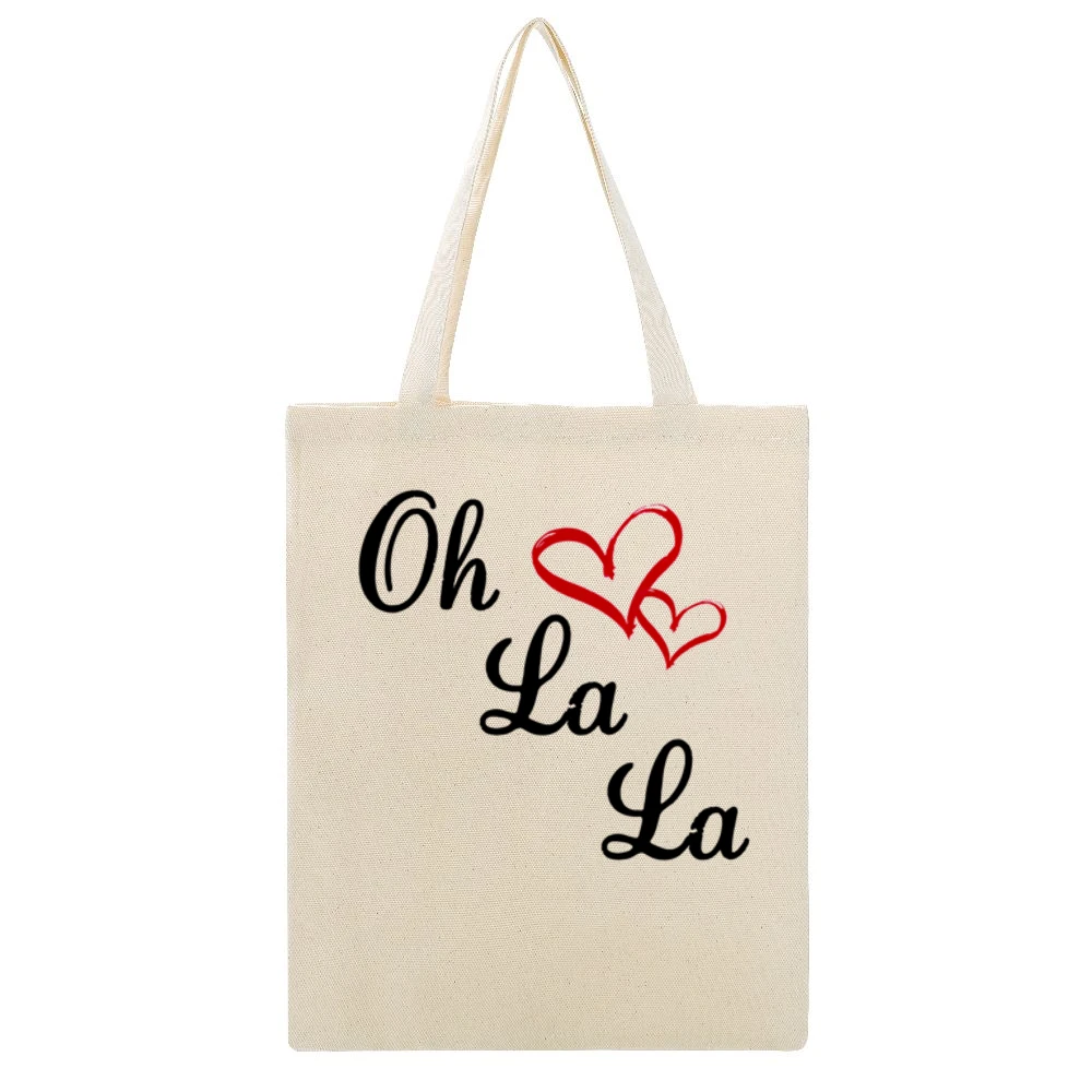 Oh La La Cute Fun Hearts Graphic Tee Shirt Beige Canvas Tote Shopping Bag