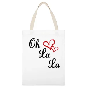 Oh La La Cute Fun Hearts Graphic Tee Shirt White Canvas Tote Shopping Bag