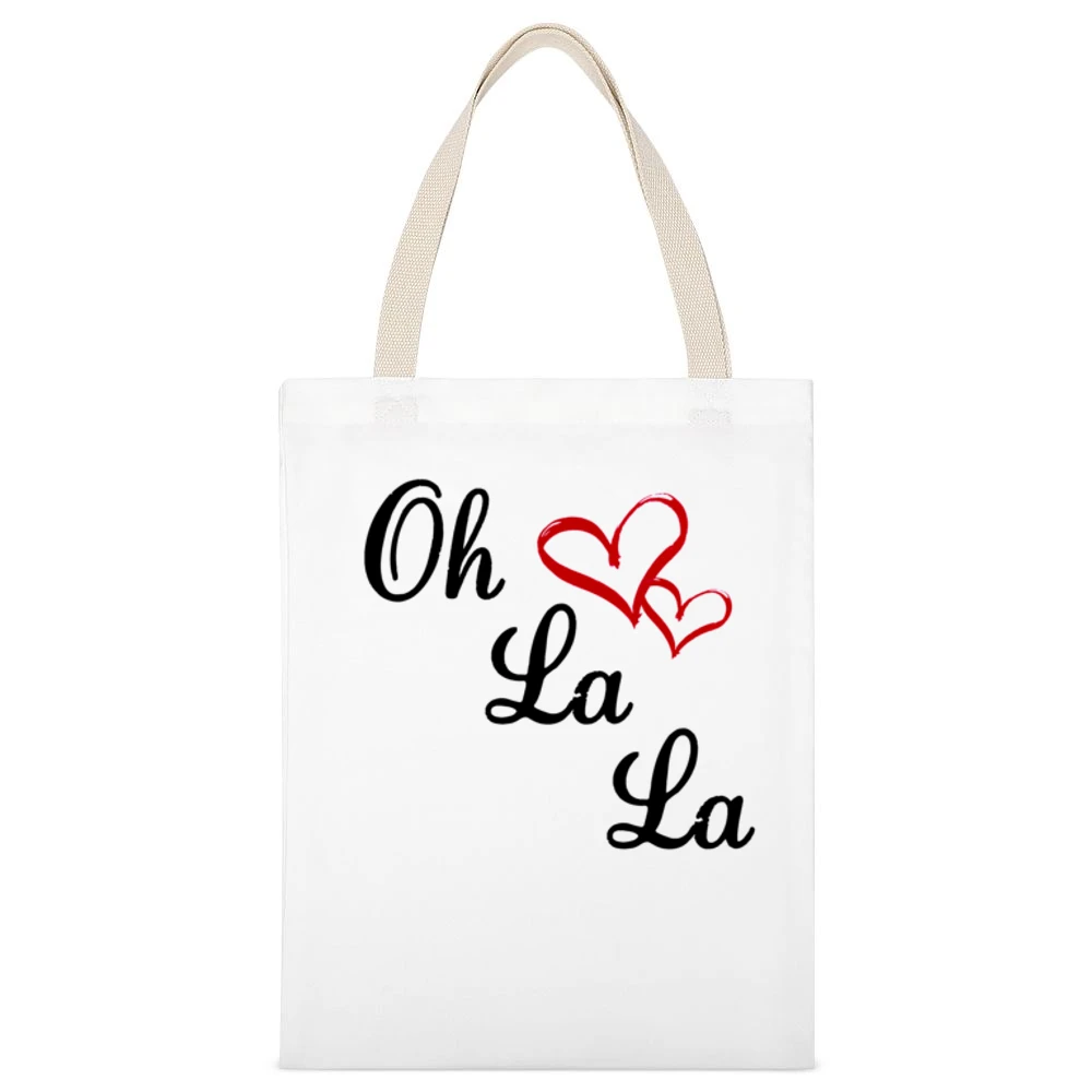 Oh La La Cute Fun Hearts Graphic Tee Shirt White Canvas Tote Shopping Bag