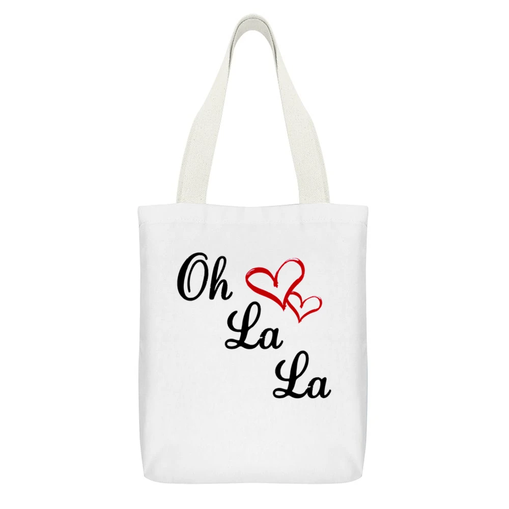 Oh La La Cute Fun Hearts Graphic Tee Shirt White Canvas Tote Shopping Bag With Interior Pocket