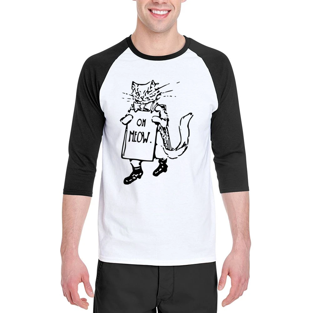 Oh Meow Fun Graphic Popular Kitty Cat Tee Shirt Men 3/4 Sleeve T-Shirt