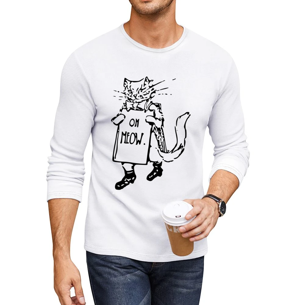 Oh Meow Fun Graphic Popular Kitty Cat Tee Shirt Men CrewNeck Long Sleeve T-Shirt