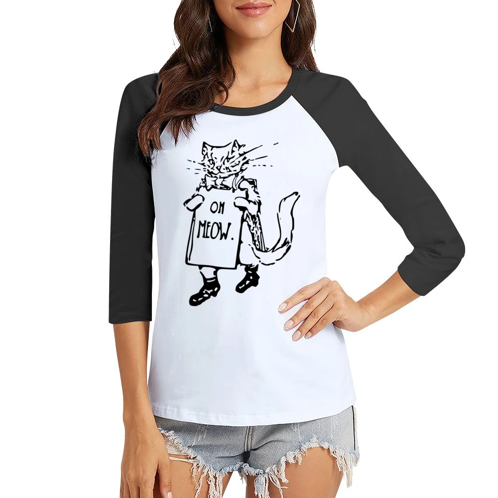 Oh Meow Fun Graphic Popular Kitty Cat Tee Shirt Women Ladies 3-4 Sleeve T-Shirt