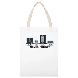 Old computer video data floppy - never forget us - black text White Canvas Tote Shopping Bag