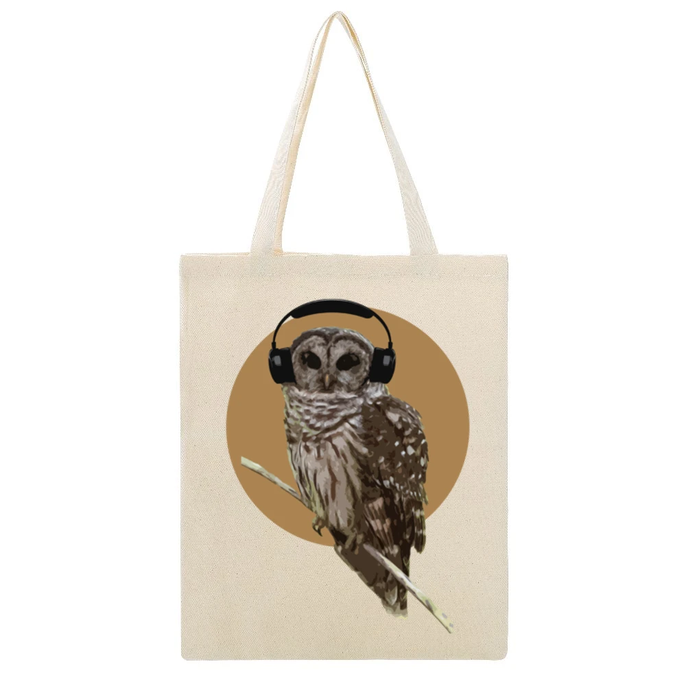 Owl With Headphones Orange Moon Fun Music Graphic Beige Canvas Tote Shopping Bag