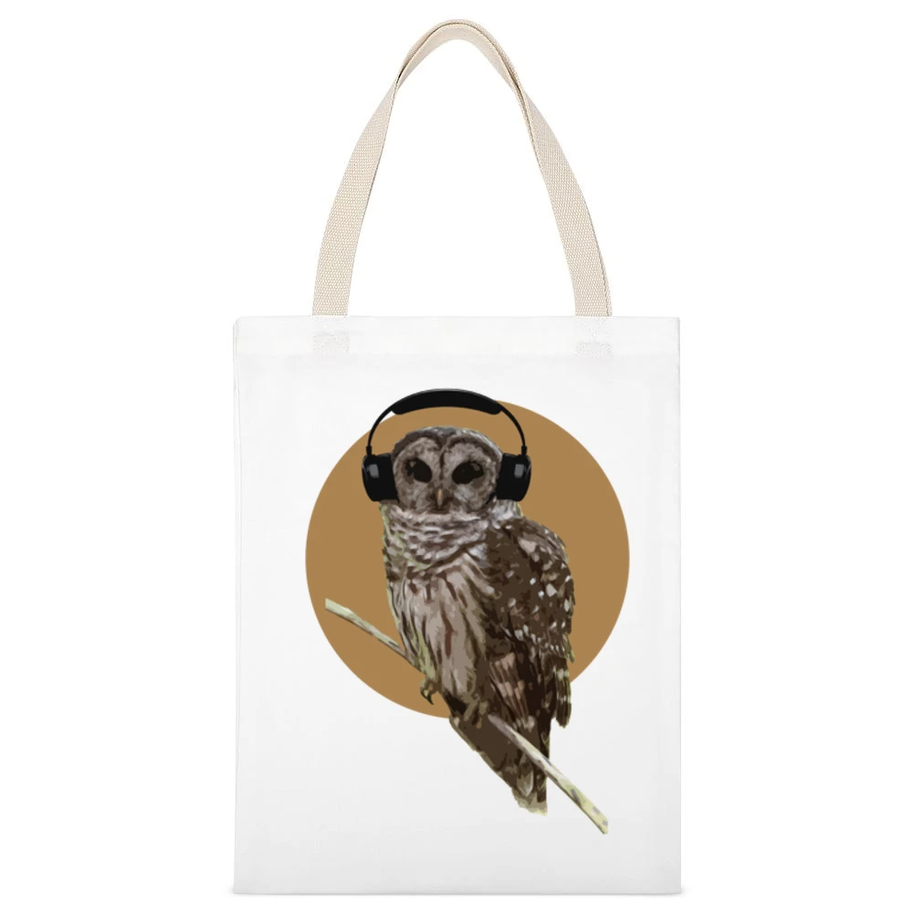 Owl With Headphones Orange Moon Fun Music Graphic White Canvas Tote Shopping Bag