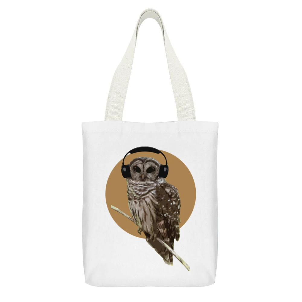 Owl With Headphones Orange Moon Fun Music Graphic White Canvas Tote Shopping Bag With Interior Pocket